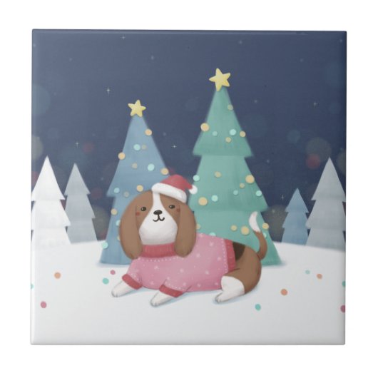 Frohe Weihnachten: Beagle Illustration Art Fliese (Vorderseite)
