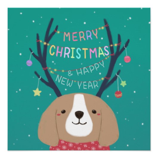 Frohe Weihnachten: Beagle Illustration Art Poster (Vorderseite)