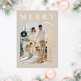 Frohe Weihnachten Beige Gold Bogen Foto Folien Feiertagskarte