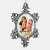 Frohe Weihnachten. Benutzerdefiniertes Foto Schneeflocken Zinn-Ornament (Links)