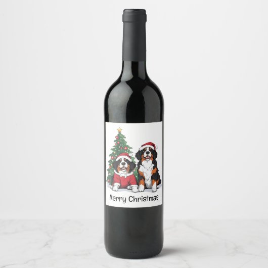 Frohe Weihnachten Bernese Mountain Hunde Weinetikett (Vorderseite)