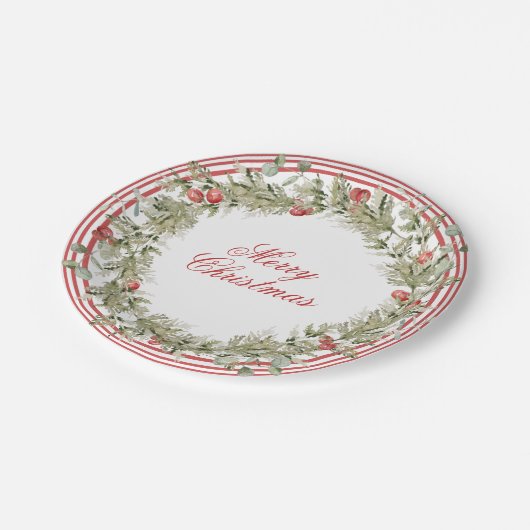 Frohe Weihnachten Berries Xmas Wreath Holiday Pappteller (Schrägansicht)