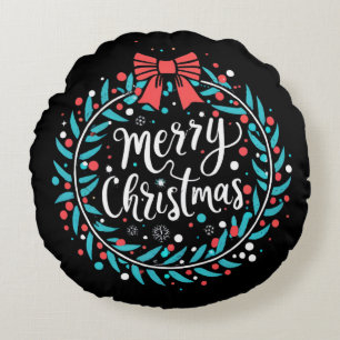 Frohe Weihnachten Berry Wreath Rundes Kissen