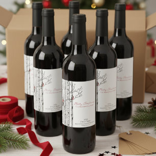 Frohe Weihnachten Birken & Kardinalvögel Weiß Weinetikett