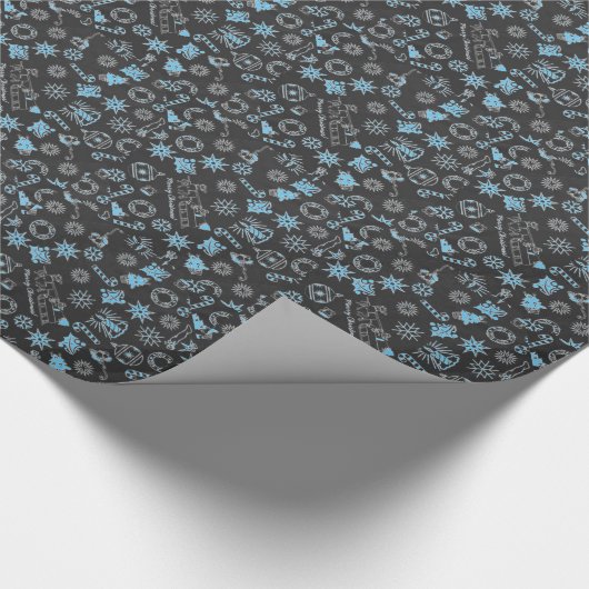 Frohe Weihnachten Black Blue Santa Symbole Geschenkpapier (Ecke)