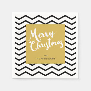 Frohe Weihnachten Black Chevrons Gold Serviette