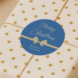 Frohe Weihnachten Blau & Cream Ribbon Handschriftl Runder Aufkleber