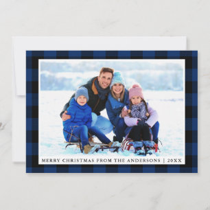 Frohe Weihnachten Blau Kariert Familien Foto Karte