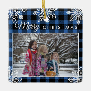 Frohe Weihnachten Blau kariert Schneeflocken 2 Fot Keramikornament