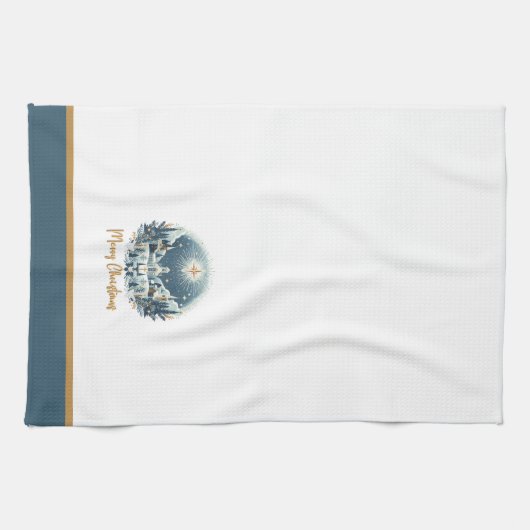 Frohe Weihnachten Blau und Gold Geschirrtuch (Horizontal)