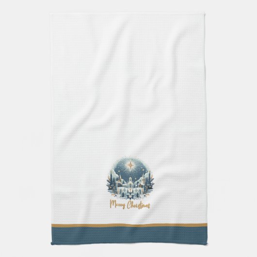Frohe Weihnachten Blau und Gold Geschirrtuch (Vertikal)