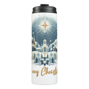 Frohe Weihnachten Blau und Gold Thermosbecher