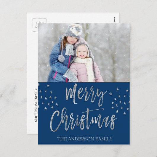 Frohe Weihnachten Blau und Silver Watercolor Foto (Vorne/Hinten)