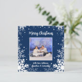 Frohe Weihnachten Blau & Weiße Schneeflocken Foto (Stehend Vorderseite)