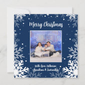 Frohe Weihnachten Blau & Weiße Schneeflocken Foto (Vorderseite)