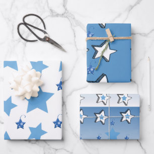 Frohe Weihnachten Blau & Weiße Sterne Geschenkpapier Set