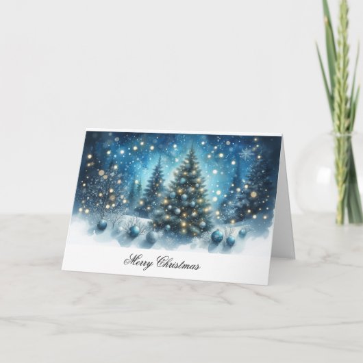 Frohe Weihnachten Blaue Bäume und Ornamente Karte (Vorderseite)
