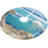 Frohe Weihnachten, blaue Cornisch-Wellen Polyester Weihnachtsbaumdecke (Schrägansicht)