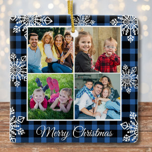 Frohe Weihnachten Blaue Karierte Schneeflocken 4 F Keramikornament