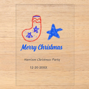 Frohe Weihnachten blauer Stern rote Strümpfe Name Acryleinladungen