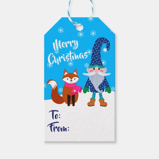 Frohe Weihnachten Blue Gnome und Niedlich Fox Weih Geschenkanhänger (Vorderseite)