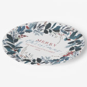 Frohe Weihnachten Blue Green Holly Watercolor Pappteller (Schrägansicht)