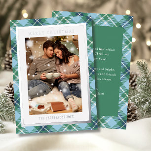 Frohe Weihnachten Blue Green Kariert Tartan Foto Folien Feiertagskarte