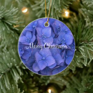 Frohe Weihnachten Blue Hydrangea Keramikornament