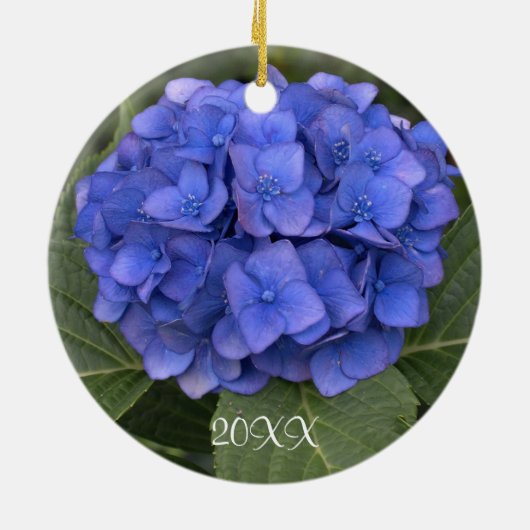 Frohe Weihnachten Blue Hydrangea Keramikornament (Hinten)