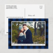 Frohe Weihnachten Blue Kariert Couple Foto Postkarte (Vorne/Hinten)