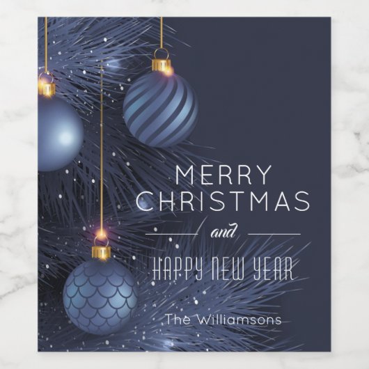 Frohe Weihnachten Blue Ornaments Urlaub Weinetikett (Einzelnes Label)