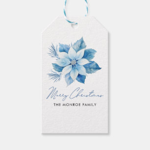 Frohe Weihnachten Blue Poinsettia Aufkleber Geschenkanhänger