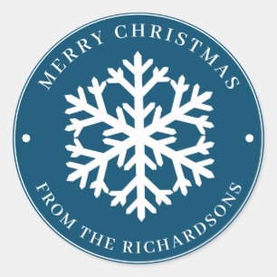 Frohe Weihnachten Blue Round White Snowflake Runder Aufkleber