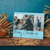 Frohe Weihnachten Blue Script Foto Collage Holiday Fotoplatte (Seite)