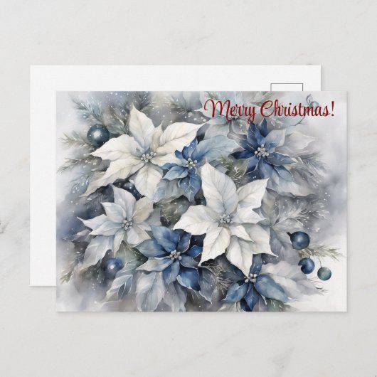 Frohe Weihnachten Blue Silver Poinsettia Postkarte (Vorne/Hinten)