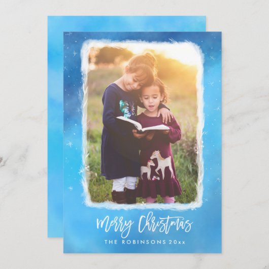 Frohe Weihnachten Blue Snow Modern Scrip Foto (Vorne/Hinten)