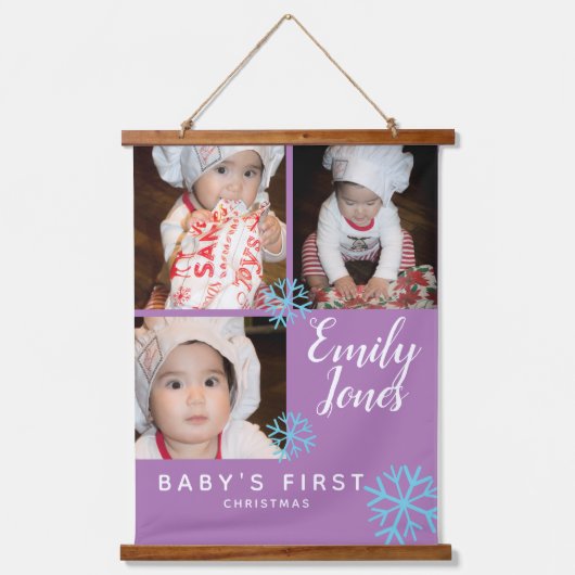 Frohe Weihnachten Blue SnowFlakes Baby Foto Collag Wandteppich Mit Holzrahmen (Vorderseite)