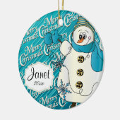 Frohe Weihnachten Blue Snowman Keramikornament (Links)