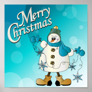 Frohe Weihnachten Blue Snowman Poster