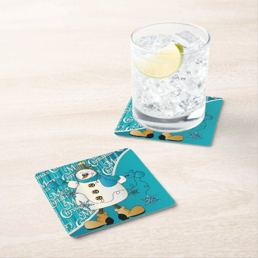 Frohe Weihnachten Blue Snowman Rechteckiger Pappuntersetzer (Vor Ort)