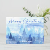 Frohe Weihnachten Blue Watercolor Pine Trees (Stehend Vorderseite)