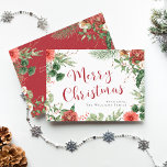 Frohe Weihnachten Blumenkarte<br><div class="desc">Frohe Weihnachten Blumenkarte. Diese wunderschöne Ferienkarte besticht durch elegante Aquarellfarben-rote Blume mit Grün auf weißem Hintergrund und Fröhliche Weihnachten in rotem Text. Auf der Rückseite der Karte befindet sich das gleiche Kunstwerk,  aber auf einem roten Hintergrund mit Text zum Personalisieren.</div>