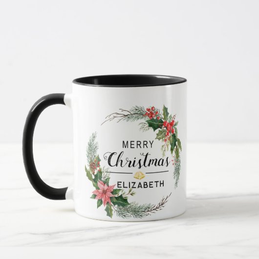 Frohe Weihnachten Blumenreath und Script Black Tasse (Links)