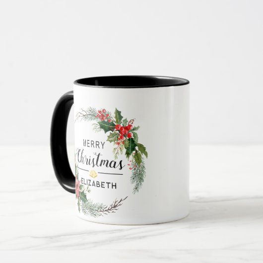 Frohe Weihnachten Blumenreath und Script Black Tasse (Vorderseite Links)