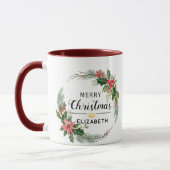 Frohe Weihnachten Blumenreath und Script Maroon Tasse (Links)