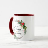 Frohe Weihnachten Blumenreath und Script Maroon Tasse (Vorderseite Links)