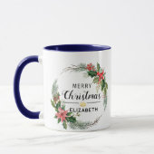 Frohe Weihnachten Blumenreath und Script Navy Blue Tasse (Links)