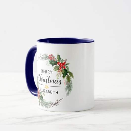 Frohe Weihnachten Blumenreath und Script Navy Blue Tasse (Vorderseite Links)