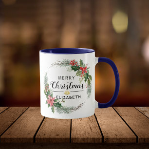 Frohe Weihnachten Blumenreath und Script Navy Blue Tasse