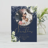 Frohe Weihnachten Blumenschnee Gold und blaues Fot (Stehend Vorderseite)